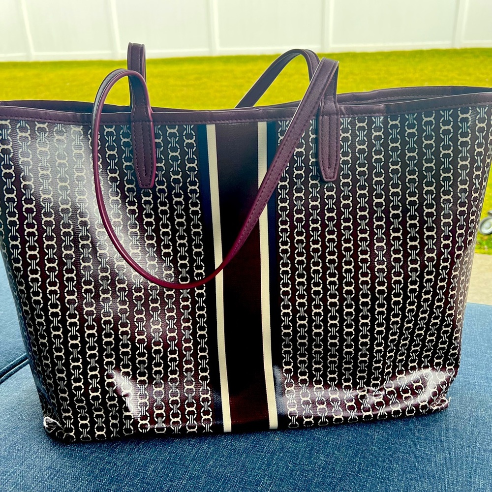 Tory Burch Gemini Link Stripe Large Tote BagCoated Canvas Logo Beige Burgundy